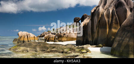 The Seychelles, La Digue, L’Union Estate, Anse Source d’Argent beach, panoramic Stock Photo