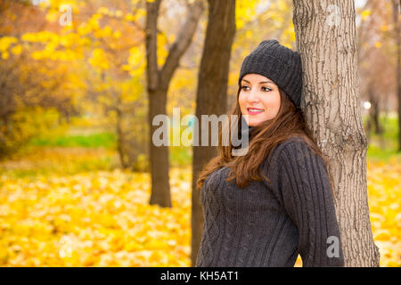 Autumn portrait of beautiful woman over yellow leaves while walking in the park in fall. Positive emotions and happiness concept. Stock Photo