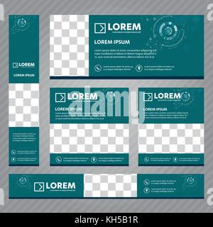 Set of Web banners in standard sizes. Vector Abstract design With background and header, diagonal stripes and button. Stock Vector