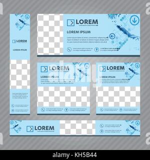Set of Web banners in standard sizes. Vector Abstract design With background and header, diagonal stripes and button. Stock Vector