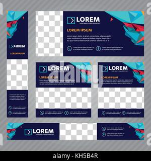 Set of Web banners in standard sizes. Vector Abstract design With background and header, diagonal stripes and button. Stock Vector