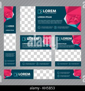 Set of Web banners in standard sizes. Vector Abstract design With background and header, diagonal stripes and button. Stock Vector