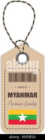 Hang Tag Made In Myanmar With Flag Icon Isolated On A White Background. Vector Illustration. Stock Vector