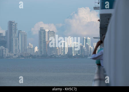 South America, Colombia, Cartagena. Modern Bocagrande area city skyline view from cruise ship sailing into Cartagena Bay.