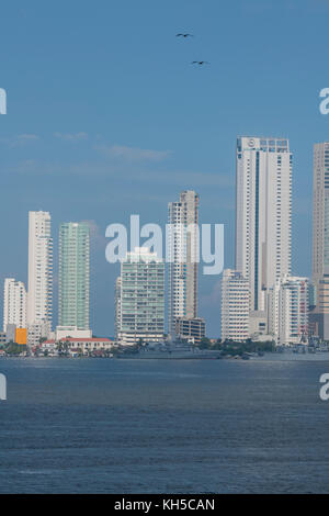 South America, Colombia, Cartagena. Modern Bocagrande area city skyline view from Cartagena Bay.