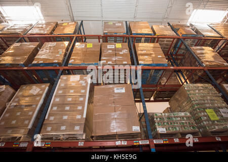 Pallets of USDA Emergency Food Assistance Program (TEFAP) commodities wait on the Houston Food Bank commodity warehouse shelves for movement to packing lines or delivery to food pantries; pallets in the aisles are loaded with disaster assistance packages (those with orange wrapping have USDA Foods in them), and are ready for delivery or distribution to those in need, in Houston, TX, on September 22, 2017. Houston Food Bank Operations Associate Director Marly Maskill provided the following information; in general, the food bank usually receives approximately 10 trucks per day and distributes ap Stock Photo