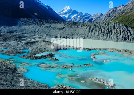 Turquoise glacier lake before Mount Cook, South Island, New Zealand Stock Photo