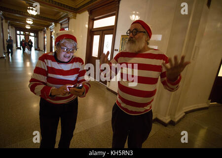 Philadelphia, Pennsylvania, USA. 13th November, 2017.  Demonstrators dressed as the book character Waldo makes a point about the Pennsylvania legislature not holding session, Monday, November 13, 2017. Credit: Michael Candelori/Alamy Live News Stock Photo