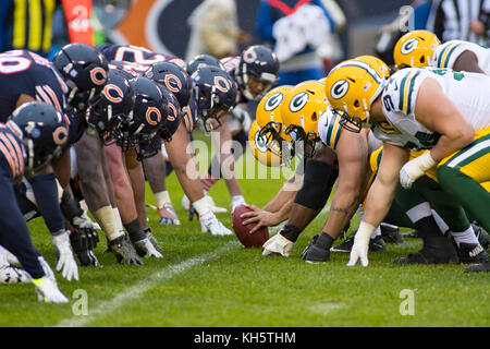 Chicago, Illinois, USA. 12th Nov, 2017. - Bears defense and Packers offense line up during the NFL Game between the Green Bay Packers and Chicago Bears at Soldier Field in Chicago, IL. Photographer: Mike Wulf Credit: csm/Alamy Live News Stock Photo