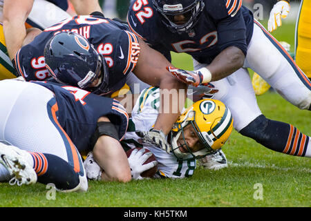 Chicago, Illinois, USA. 12th Nov, 2017. - Packers #18 Randall Cobb is tackled during the NFL Game between the Green Bay Packers and Chicago Bears at Soldier Field in Chicago, IL. Photographer: Mike Wulf Credit: csm/Alamy Live News Stock Photo