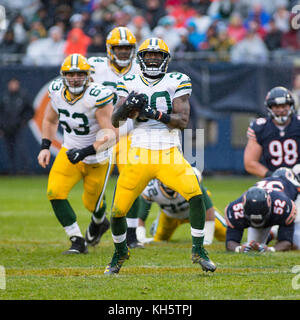 Chicago, Illinois, USA. 12th Nov, 2017. - Packers #30 Jamaal Williams celebrates during the NFL Game between the Green Bay Packers and Chicago Bears at Soldier Field in Chicago, IL. Photographer: Mike Wulf Credit: csm/Alamy Live News Stock Photo
