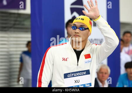 November 10, 2017 - Beijin, Beijin, China - Beijing, CHINA-10th November 2017:(EDITORIAL USE ONLY. CHINA OUT) ..Chinese swimmer Xu Jiayu wins the gold medal at the men's 50m backstroke final during the FINA Swimming World Cup 2017 at the National Aquactics Center in Beijing, November 10th, 2017. (Credit Image: © SIPA Asia via ZUMA Wire) Stock Photo