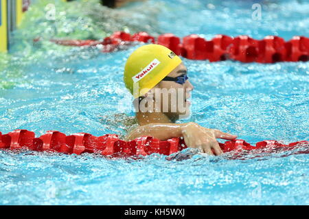 November 10, 2017 - Beijin, Beijin, China - Beijing, CHINA-10th November 2017:(EDITORIAL USE ONLY. CHINA OUT) ..Chinese swimmer Xu Jiayu wins the gold medal at the men's 50m backstroke final during the FINA Swimming World Cup 2017 at the National Aquactics Center in Beijing, November 10th, 2017. (Credit Image: © SIPA Asia via ZUMA Wire) Stock Photo