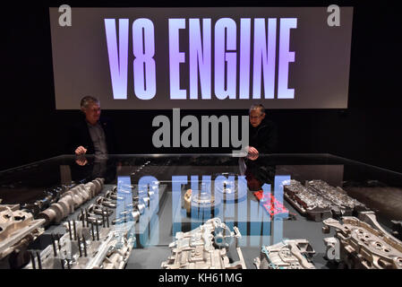 London, UK.  14 November 2017. Visitors view eight-cylinder engine components for the Ferrari 488 GTB, 2015. Preview of 'Ferrari: Under the Skin', an exhibition at the Design Museum to mark the 70th anniversary of Ferrari.  Over GBP140m worth of Ferraris are on display from private collections including Michael Schumacher's 2000 F1 winning car.  The show runs 15 November to 15 April 2018.  Credit: Stephen Chung / Alamy Live News Stock Photo