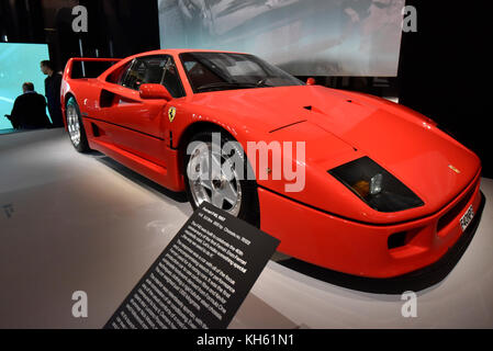 London, UK.  14 November 2017. A Ferrari F40, 1987, built to celebrate the 40th anniversary of Ferrari.  Preview of 'Ferrari: Under the Skin', an exhibition at the Design Museum to mark the 70th anniversary of Ferrari.  Over GBP140m worth of Ferraris are on display from private collections including Michael Schumacher's 2000 F1 winning car.  The show runs 15 November to 15 April 2018.  Credit: Stephen Chung / Alamy Live News Stock Photo