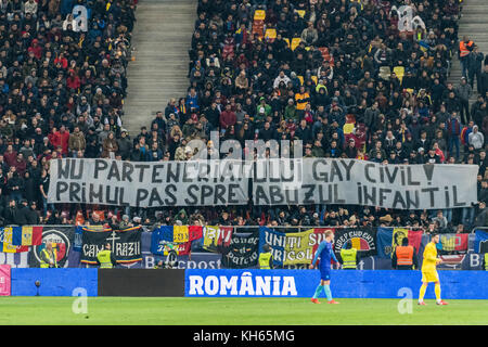 Bucharest, Romania. 14th Nov, 2017. November 14, 2017: Romanian fans during the Football Friendly game between Romania and Netherlands at National Arena Stadium, Bucharest, Romania ROU. Foto: Catalin Soare Credit: Cronos/Alamy Live News Stock Photo