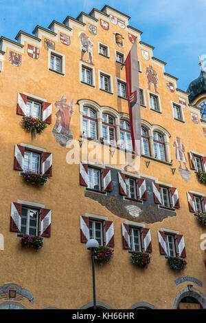 Street scenes at the Rathaus council Offices  in the old medieval city of Kufstein on the border of the Austrian Tyrol and German Bavaria. Stock Photo