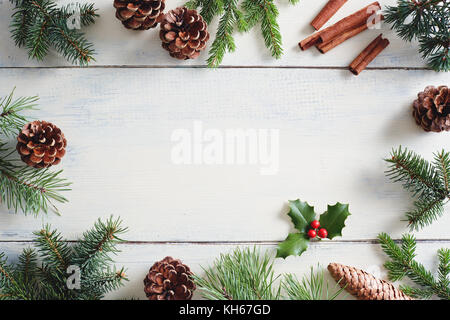 Christmas background with Christmas decorations on wooden white table. Stock Photo