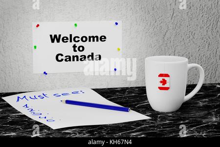 Big mug and label on the wall with text Welcome to Canada. 3D rendering. Stock Photo