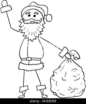 Cartoon drawing illustration of Christmas Santa Claus holding bag of gifts and waving his hand. Stock Vector