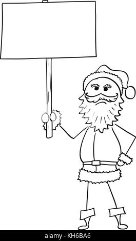 Cartoon drawing illustration of Angry Christmas Santa Claus holding Empty Blank Sign. Stock Vector