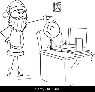 Cartoon stick man drawing illustration of man working on computer in office during Christmas, Santa Claus force him to leave. Stock Vector