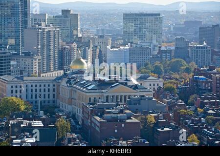 Views above Boston and Cambridge highlighting the magnificent fall foliage peak in the New England Area. Stock Photo