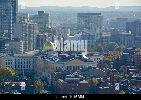 Views above Boston and Cambridge highlighting the magnificent fall foliage peak in the New England Area. Stock Photo