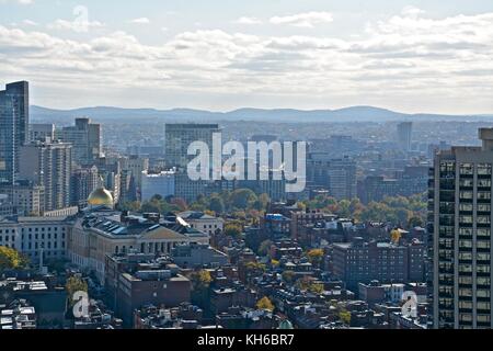 Views above Boston and Cambridge highlighting the magnificent fall foliage peak in the New England Area. Stock Photo