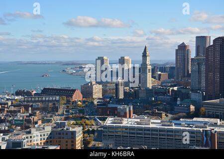 Views above Boston and Cambridge highlighting the magnificent fall foliage peak in the New England Area. Stock Photo