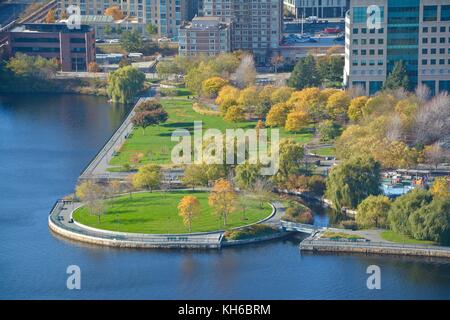 Views above Boston and Cambridge highlighting the magnificent fall foliage peak in the New England Area. Stock Photo