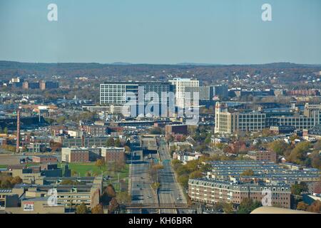 Views above Boston and Cambridge highlighting the magnificent fall foliage peak in the New England Area. Stock Photo