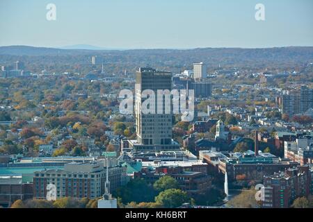 Views above Boston and Cambridge highlighting the magnificent fall foliage peak in the New England Area. Stock Photo