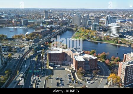 Views above Boston and Cambridge highlighting the magnificent fall foliage peak in the New England Area. Stock Photo