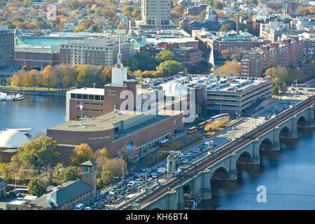 Views above Boston and Cambridge highlighting the magnificent fall foliage peak in the New England Area. Stock Photo