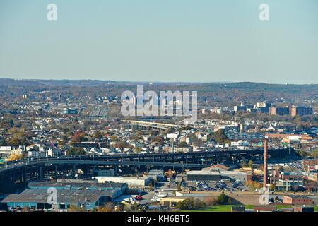 Views above Boston and Cambridge highlighting the magnificent fall foliage peak in the New England Area. Stock Photo