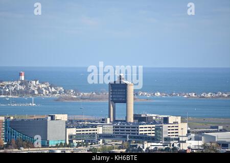 Views above Boston and Cambridge highlighting the magnificent fall foliage peak in the New England Area. Stock Photo