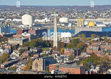 Views above Boston and Cambridge highlighting the magnificent fall foliage peak in the New England Area. Stock Photo