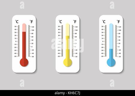 Vector icons of Celsius and Fahrenheit meteorology thermometers measuring heat, normal and cold in flat style. Design template in EPS10. Stock Vector