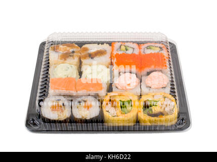 assorti sushi set in open plastic box isolated on white background Stock Photo