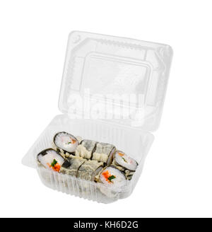 assorti sushi set in open plastic box isolated on white background Stock Photo