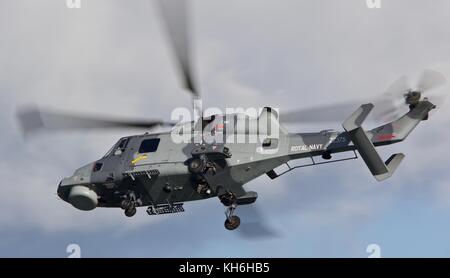 Royal Navy Wildcat  AgustaWestland AW159 is a Search and Rescue and Anti Surface Warfare helicopter. Flying over Dartmouth Devon Weds November 8 2017