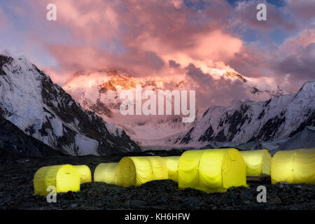 Khan Tengri Glacier viewed at sunset from the Base Camp,  Central Tian Shan Mountain range, Border of Kyrgyzstan and China, Kyrgyzstan Stock Photo