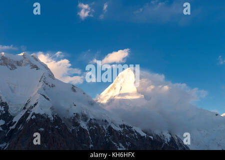 Khan Tengri Glacier viewed at sunset from the Base Camp,  Central Tian Shan Mountain range, Border of Kyrgyzstan and China, Kyrgyzstan Stock Photo