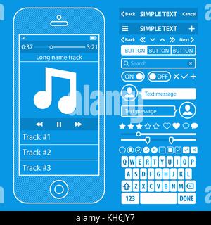 UI elements blueprint design vector kit in trendy color with simple mobile phone, buttons, forms, windows and other interface elements. Music player s Stock Vector