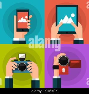 Set of hands holding smart phone, tablet, video and photo camera. Flat style. Vector illustration in eps10 Stock Vector