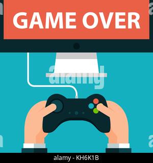 Hands holding joystick and monitor screen Game over. Vector illustration in eps10 Stock Vector
