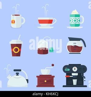 Coffee, tea, cup and devices flat icons set. Vector illustration in eps10 Stock Vector