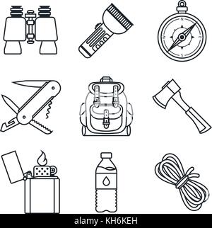 Black lineart icon set. Camping equipment. Vector illustration in eps10 Stock Vector
