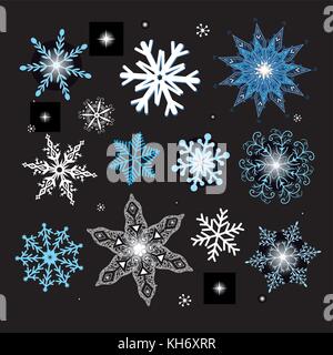 New Year vector set of different snowflakes on a black background Stock Vector